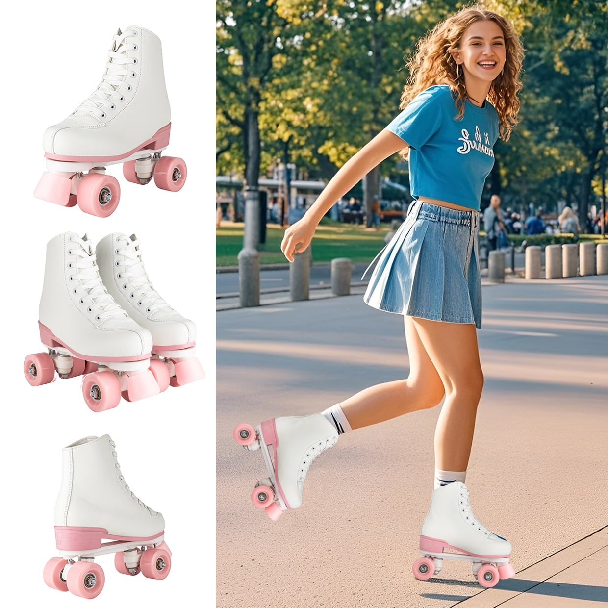 JieC Roller Skate for Women&Men, Adult Teen Classic Fashion Roller Skates with Pink Flash Wheel, White&Pink(Women's 8 / Men's 7)