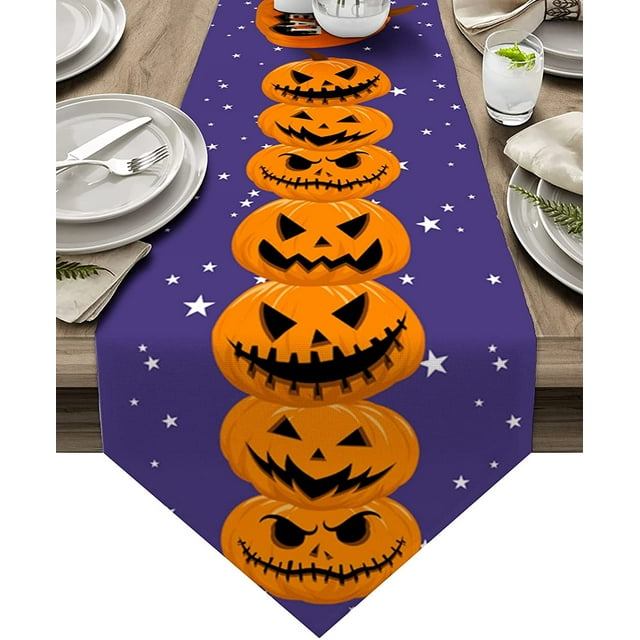 Cotton Linen Table Runners Halloween Orange Pumpkin Trick or Treat Kitchen Dining Burlap Table Decoration for Home Party Decor 18 x 72 Inch