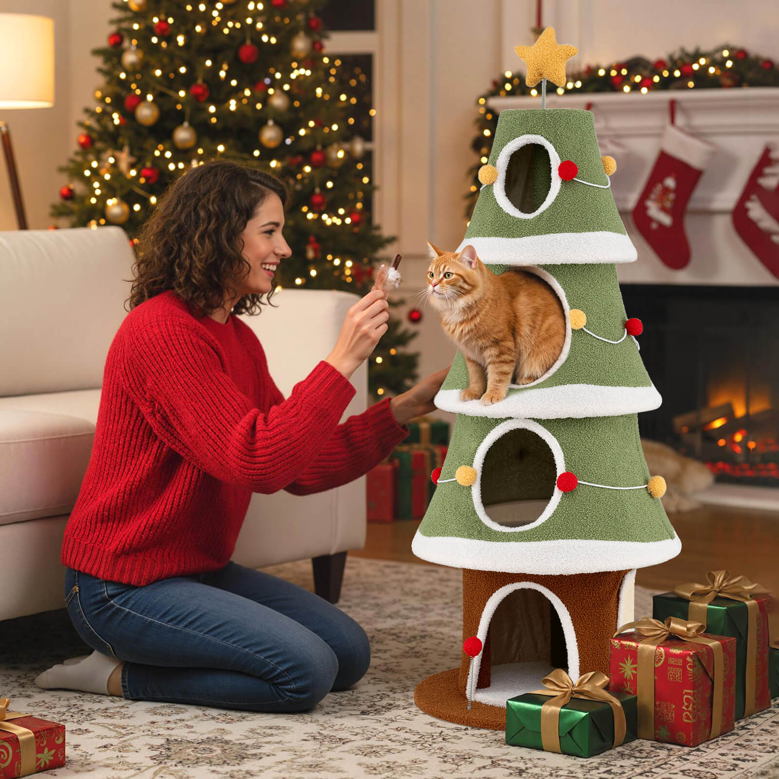 Costway 61”Large Christmas Cat Tree with 4 Condos, Sisal Carpet, Dangling Ball, Spring Toy