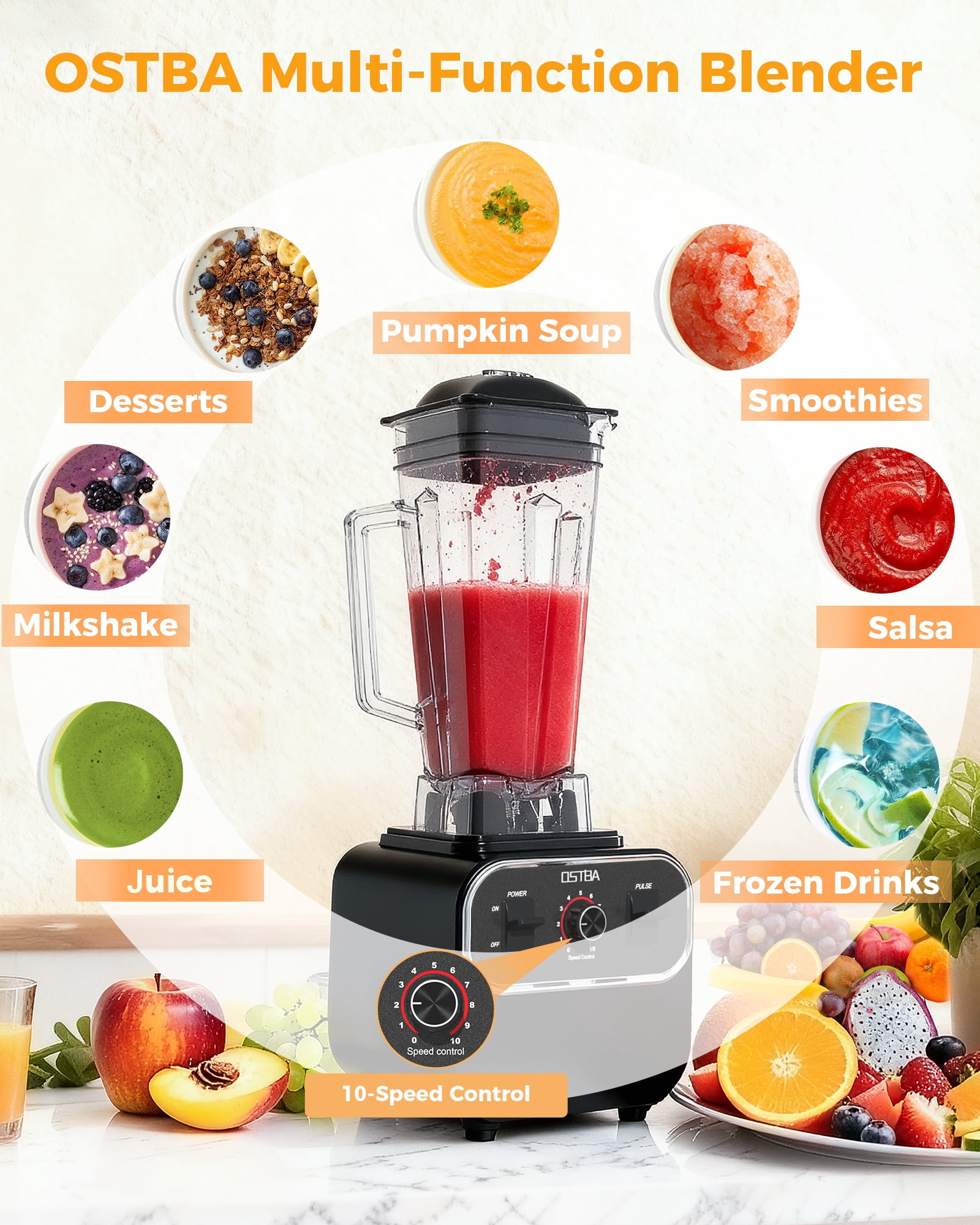 OSTBA Blender for Smoothies, Commercial 10-Speed Control Blenders for Kitchen, 68Oz Large Capacity and BPA-Free Pitcher, 1600W Countertop Blenders for Ice Crushing, Frozen Drinks, Puree & Grinding