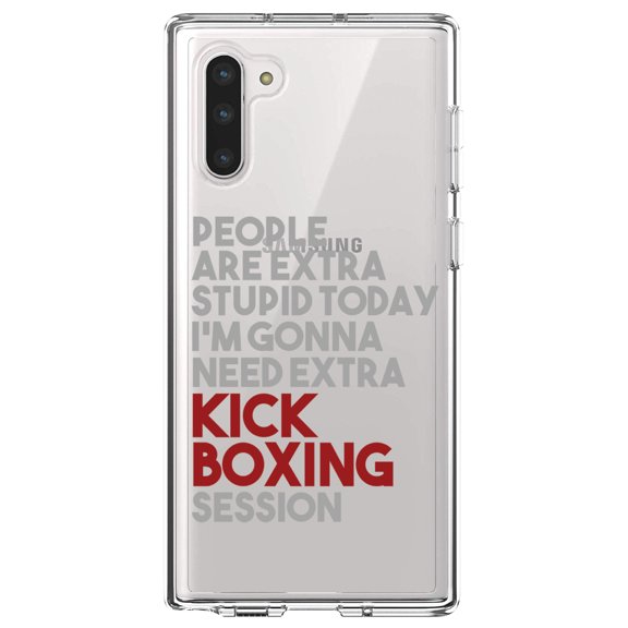 DistinctInk Clear Shockproof Hybrid Case for Samsung Galaxy Note 10 (6.3" Screen) - TPU Bumper Acrylic Back Tempered Glass Screen Protector - People Are Stupid Need Extra Kick Boxing