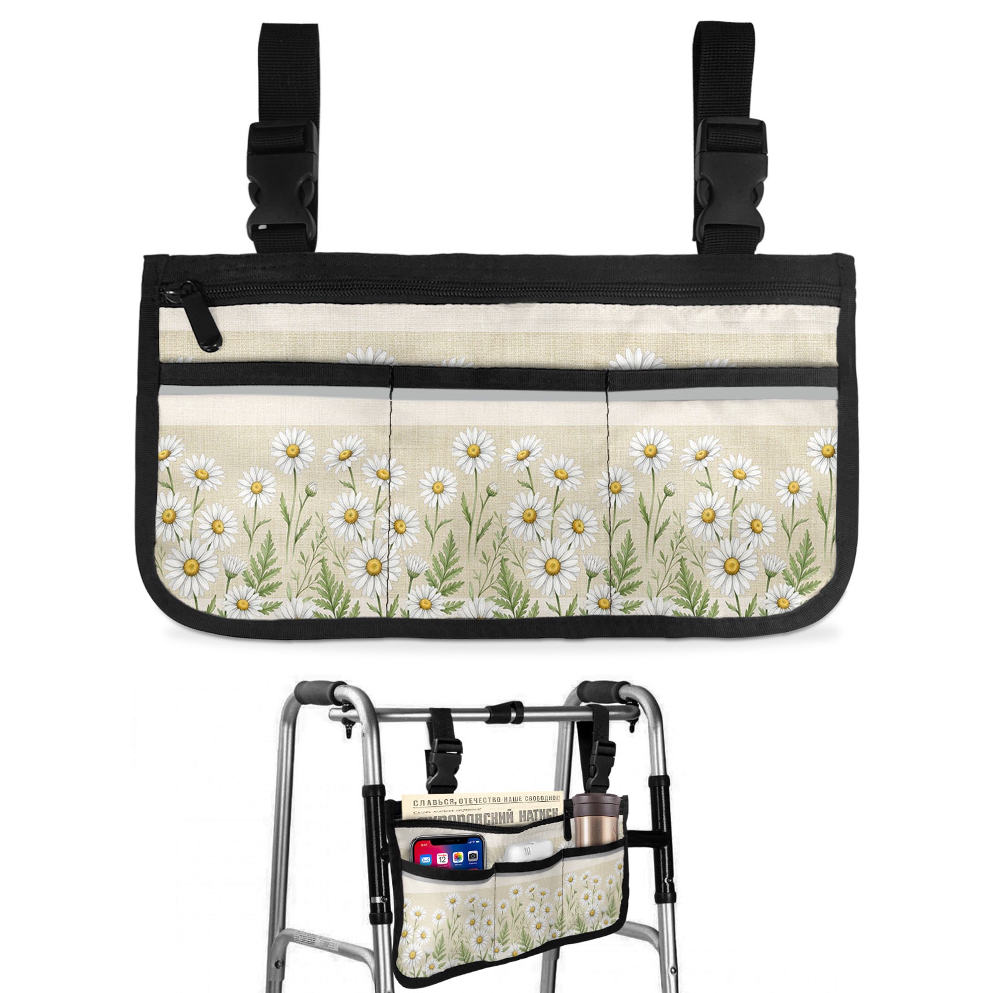 Spring Daisy Wheelchair Side Bag with Cup Holder, Rustic Wildflower Farmhouse Floral Botanical Wheelchair Armrest Bag Storage Pouch Adults, Seniors for Walkers, Rollator, Scooter