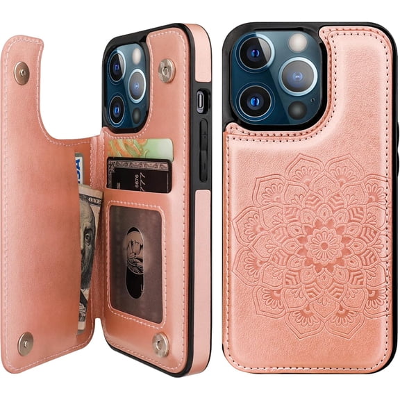 Compatible with iPhone 14 Pro Case Wallet with Card Holder, Embossed Mandala Pattern Flower PU Leather Double Buttons Flip Shockproof Cover for Magnetic Car Mount 6.1 Inch (Rose Gold)