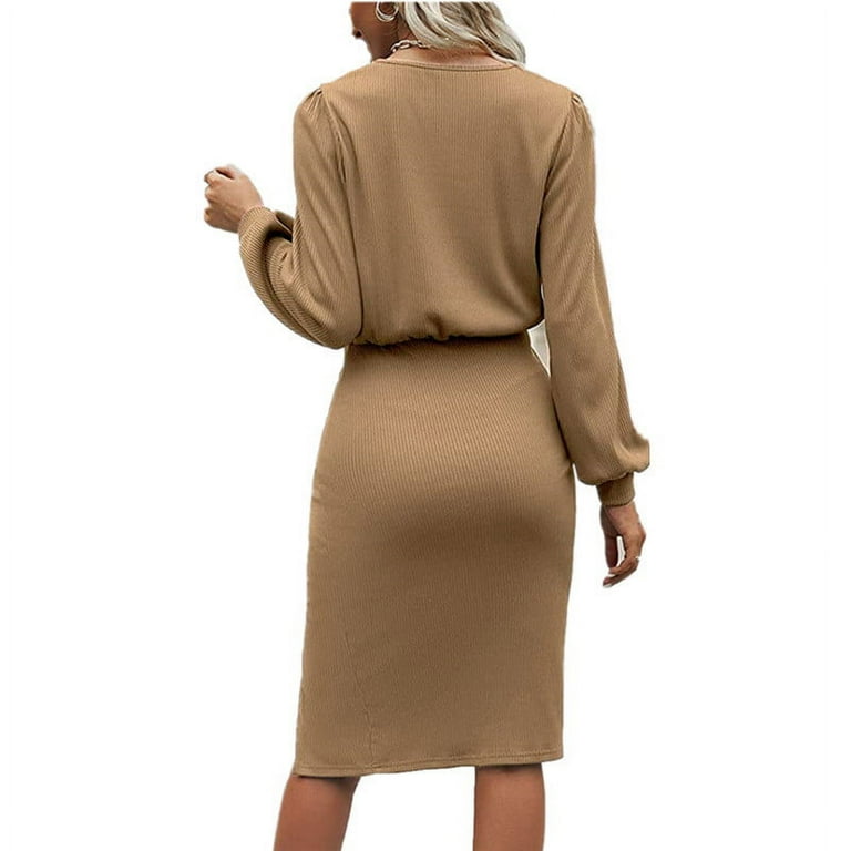 Besorlor Women's Long Sleeve Ribbed Ruched Midi Dress, Slim Fitted Side  Slit, Crewneck Elegant for Casual Work - Walmart.com