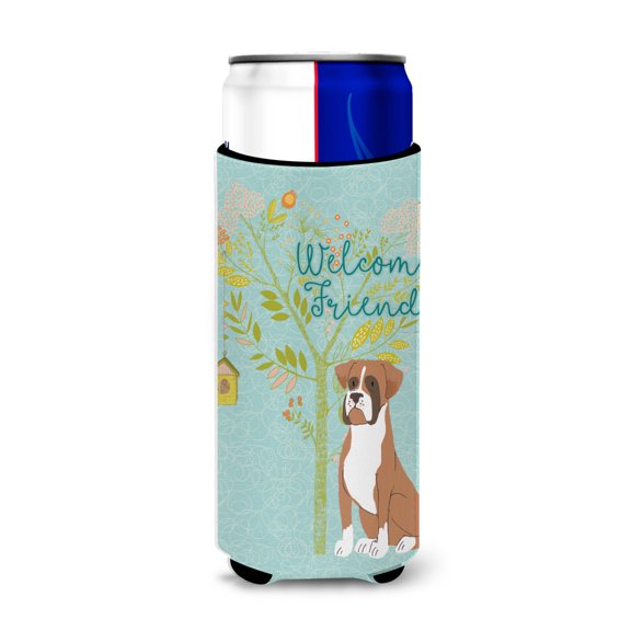 Carolines Treasures BB7582MUK Welcome Friends Flashy Fawn Boxer Michelob Ultra Hugger for slim cans Slim Can multicolor