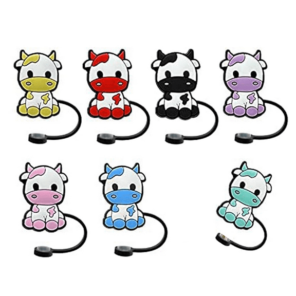 7Pcs Cow Straw Covers Cap, Dust-Proof Reusable Cap Cute Protector Cover for 7-8mm Straws