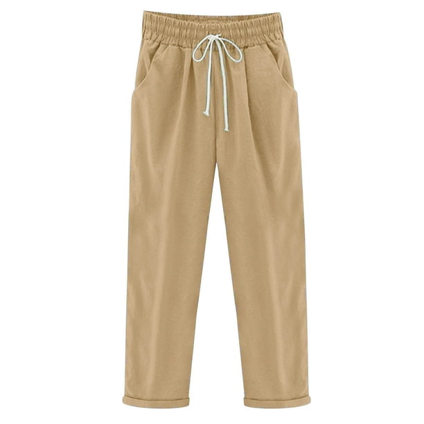 Women's Cotton Linen Capri Pants Casual High Waist Drawstring Cropped  Trousers Plus Size Lounge Pants with Pockets 