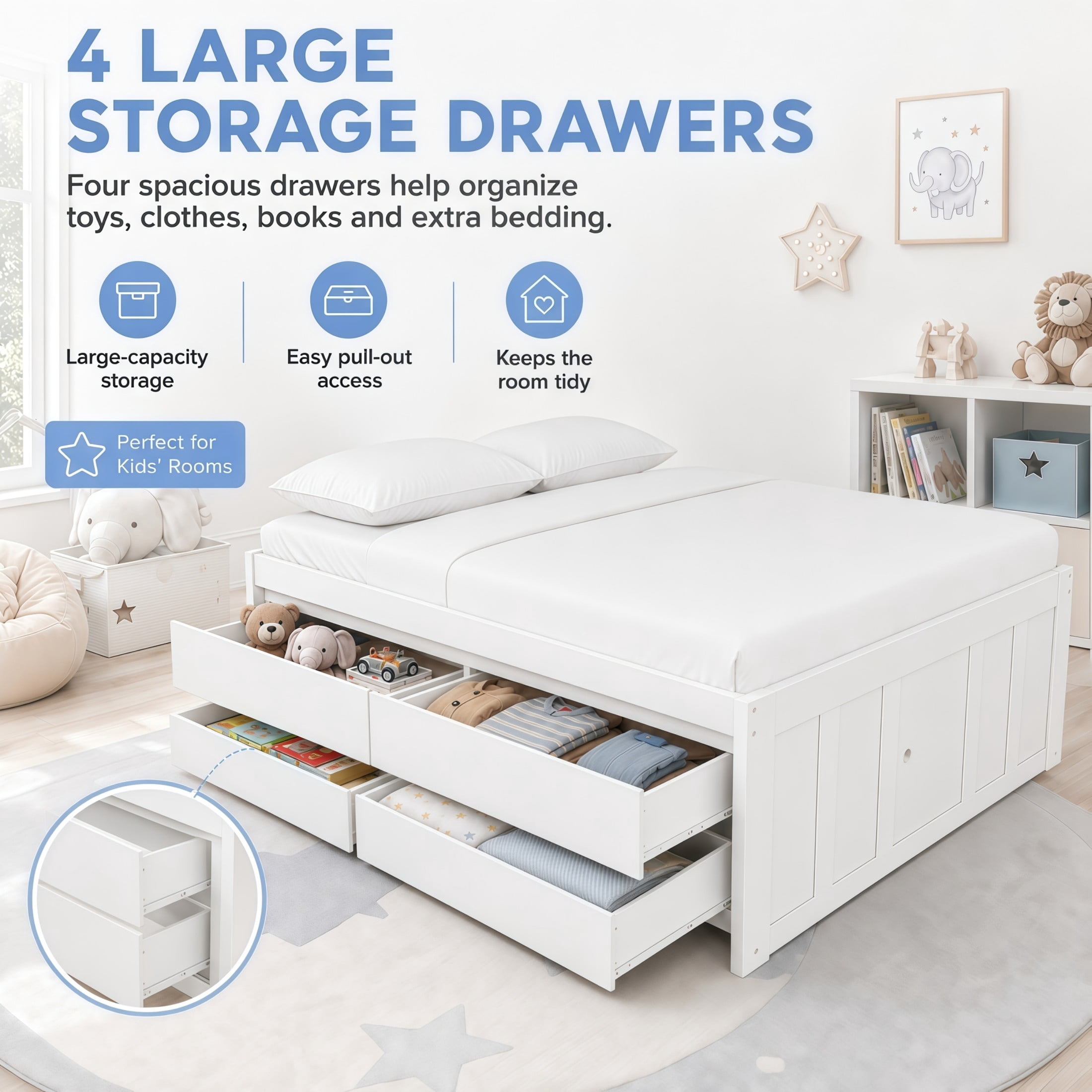 GDF Studio Tyler Full Size Captain Bed with Storage Drawers & Side Door, Modern Space-Saving Bed for Kids, White