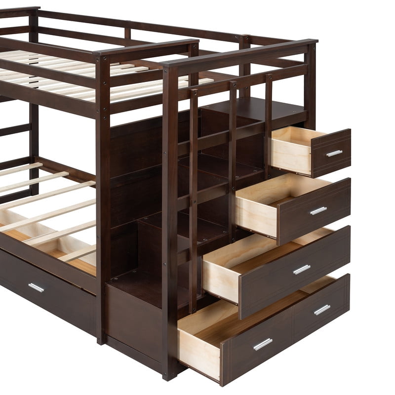 Twin Over Twin Kids/Teens Bunk Bed with Buit-In Staircase, Wooden Storage Bed Frame with 6 Drawers