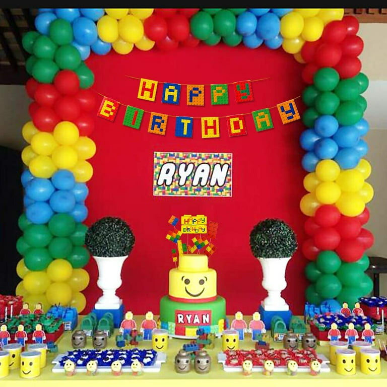 Yansion Building Block Birthday Decorations, Kids Birthday Brick Party Supplies with Happy Birthday Banner and Cake Toppers Tablecloth for Boys and