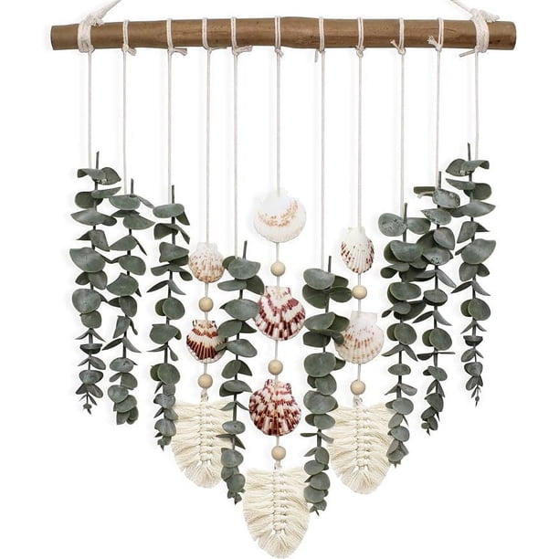 Nvzi Decoración de pared de eucalipto artificial, hojas de vegetación falsa, tallos, plantas colgantes de pared en palo de madera de 15,7 pulgadas,comedor, baño, E