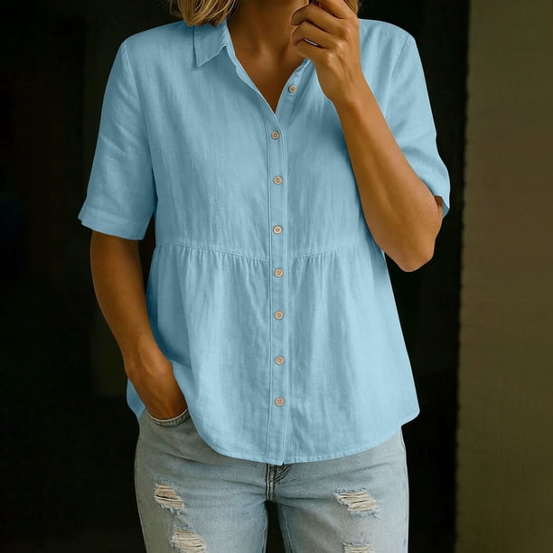 Craaazy Women's Loose Fit Collared Blouse, Solid Color Short Sleeve Button Down Shirt, Breathable Cotton Linen Casual Top for Daily Wear, Work & Weekend Gifts
