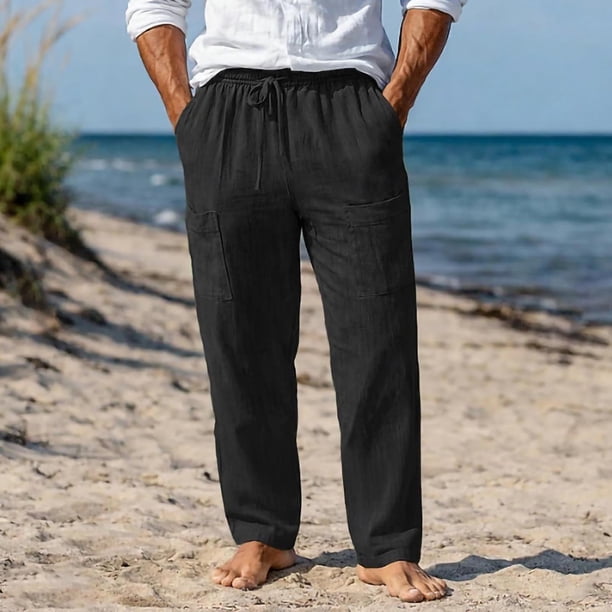 Pantalones largos para hombre, informales, de verano, con cintura elástica, con cordón y múltiples bolsillos, para baño de niño.