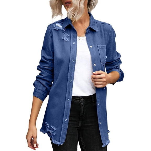 Vedolay Womens Jackets Women's Casual Long Sleeve Coat with Fringe Rhinestones Jean Jacket,Blue L