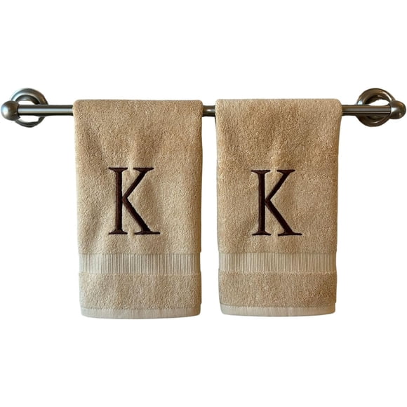 Beige Initial Hand Towel for Bathroom - Monogrammed Luxury Hotel Quality Decorative Embroidered Towel for Powder Room, Spa - GOTS Organic Certified - Set of 2 Brown Letter K