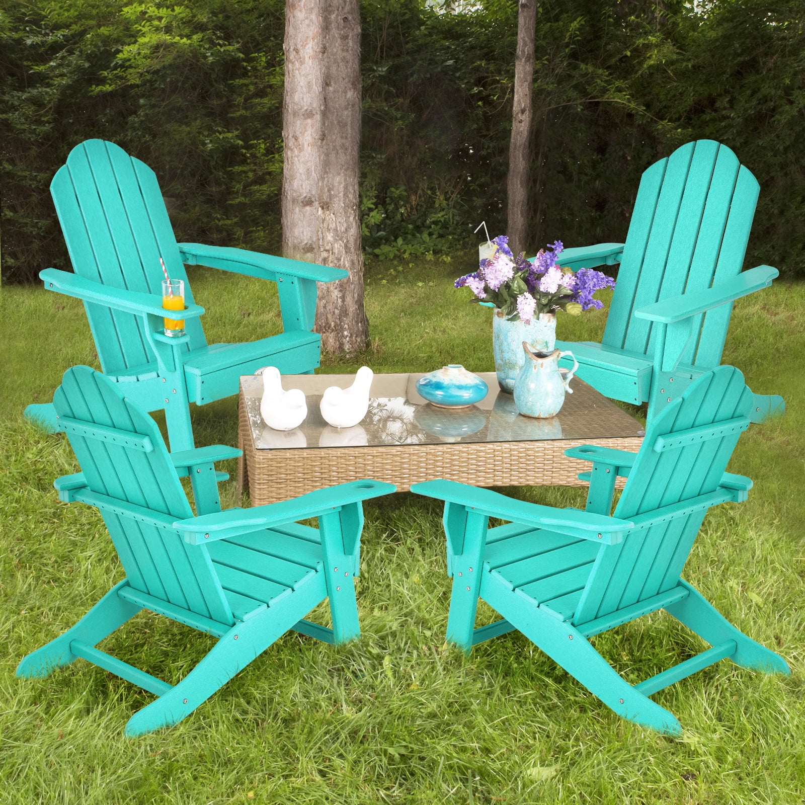 Patiojoy Adirondack Chair Outdoor with Cup Holde Weather Resistant Lounger Chair for Backyard Garden Patio and Deck Turquoise
