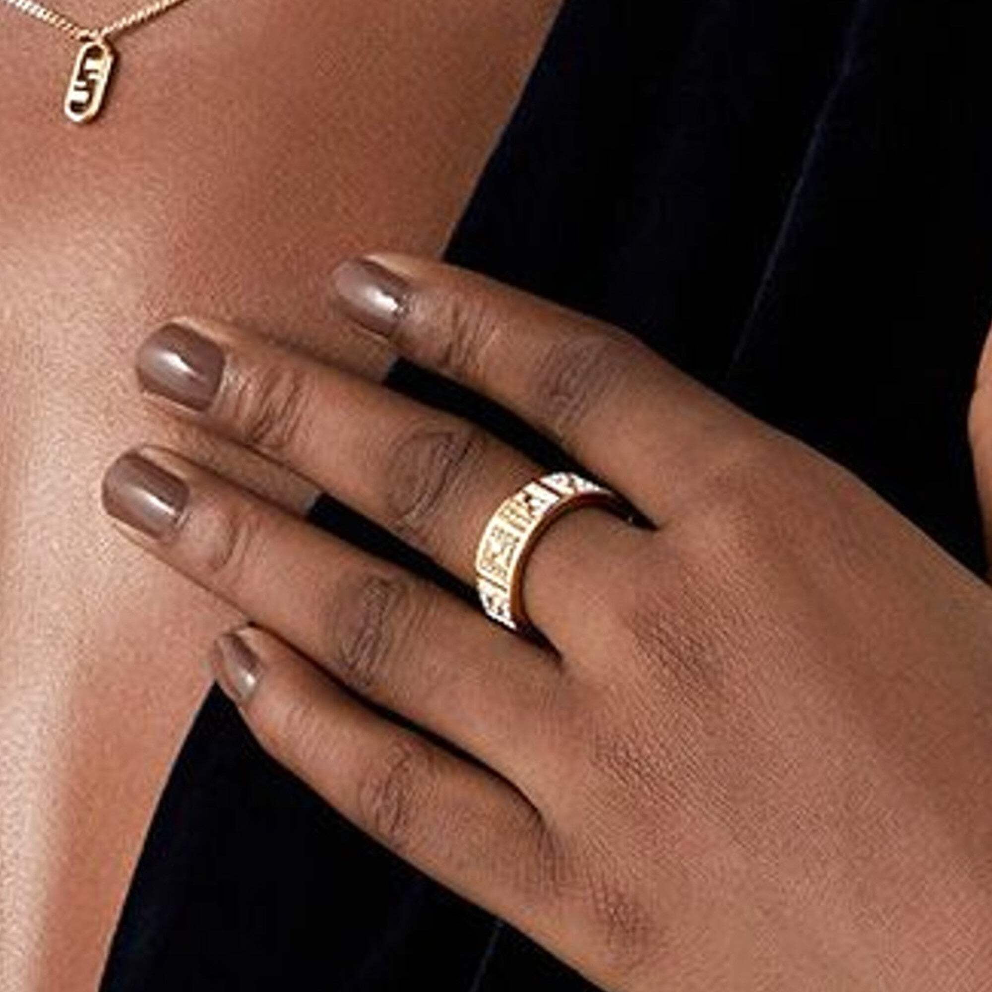 Fendi FF Crystal Embellished Wide Band Gold Ring Small Fendi FF Crystal Embellished Wide Band Gold Ring Small