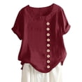 thumbnail image 1 of Pompotops Womens Plus Size O-Neck Short Sleeve Print Buttons Cotton Linen Vintage Tops, 1 of 4