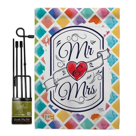 Breeze Decor BD-FY-GS-115112-IP-BO-D-US16-BD 13 x 18.5 in. Mr & Mrs Special Occasion Family Impressions Decorative Vertical Double Sided Garden Flag Set with Banner Pole