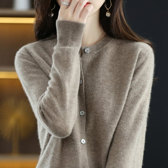 Cardigan Sweaters for Women Long Sleeve Round Neck Knitted Button Down Light Sweaters for Women Open Front Coffee Layering Top Fall Outfits