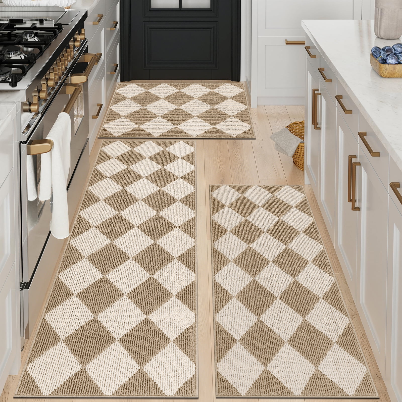 MeyJey Diamond Plaid Kitchen Rugs Sets of 3, Non Slip Kitchen Floor Mats Washable Kitchen Rug, Beige White
