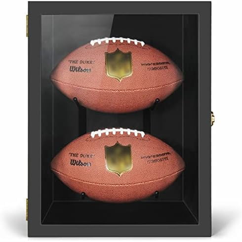 2 Football Case Display Case Full Size, Rugby Holders for Balls Display, Wall Mount Shadow Box with Locks for Home Football Collector Memorabilia Autograph Balls - Black