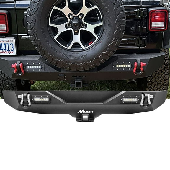 Rear Bumper for Jeep, Compatible with 2018-2025 Wrangler JL, Off Road Rock Crawler Bumper with Hitch Receiver and 2 X Upgraded 18W LED Lights Textured Black
