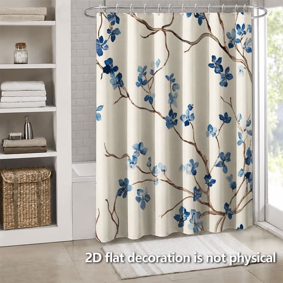 Hoease Chinese Style Blue Floral Branch Ink Shower Curtain, 71W x 71L Inch Waterproof Fabric Bathroom Curtain with 12 Hooks, Oriental Elegant Bath Decor