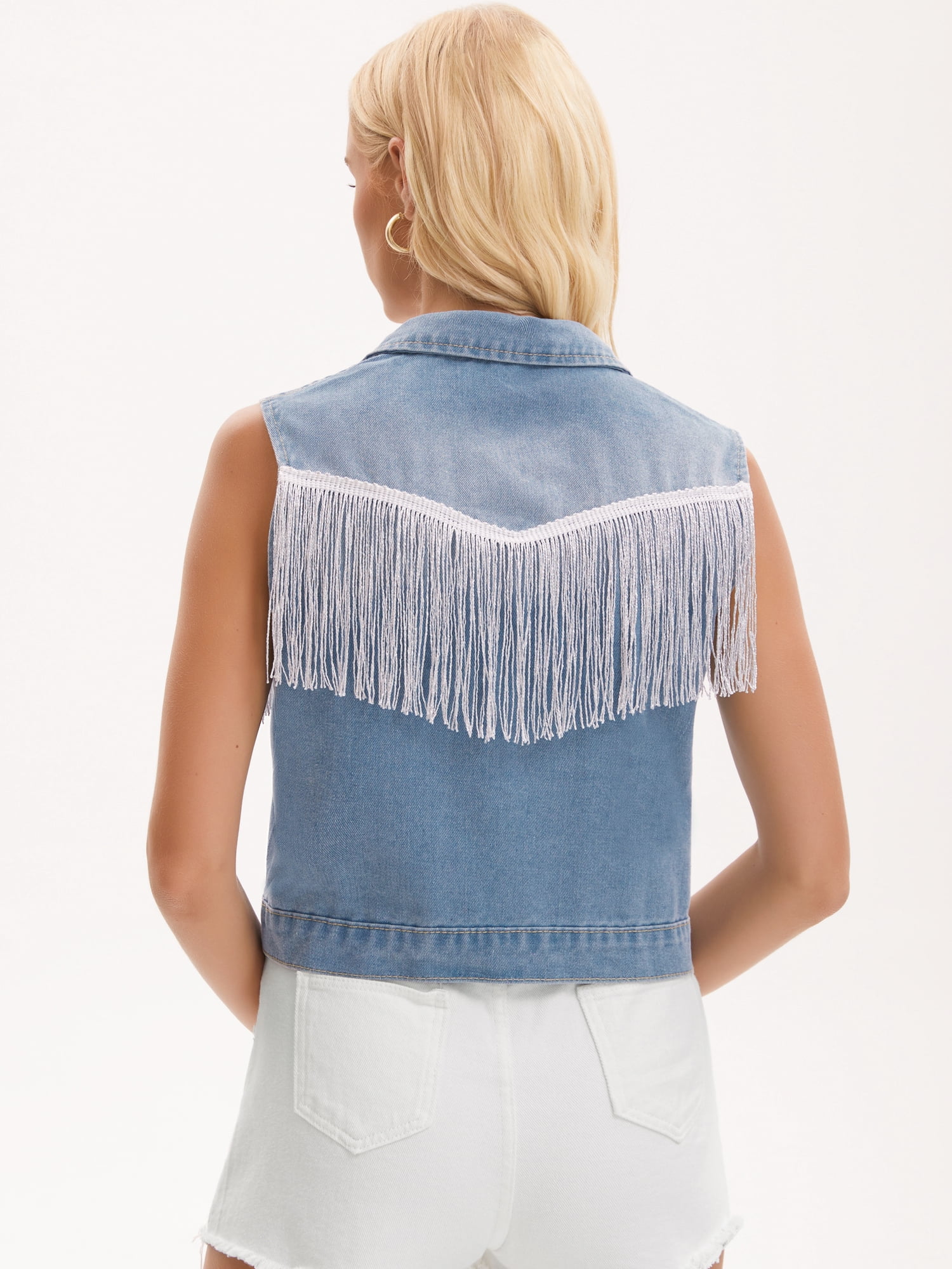 DARING DIVA Women's Button Down Sleeveless Tassel Trim Fringe Jean Vest 2XL Light Blue