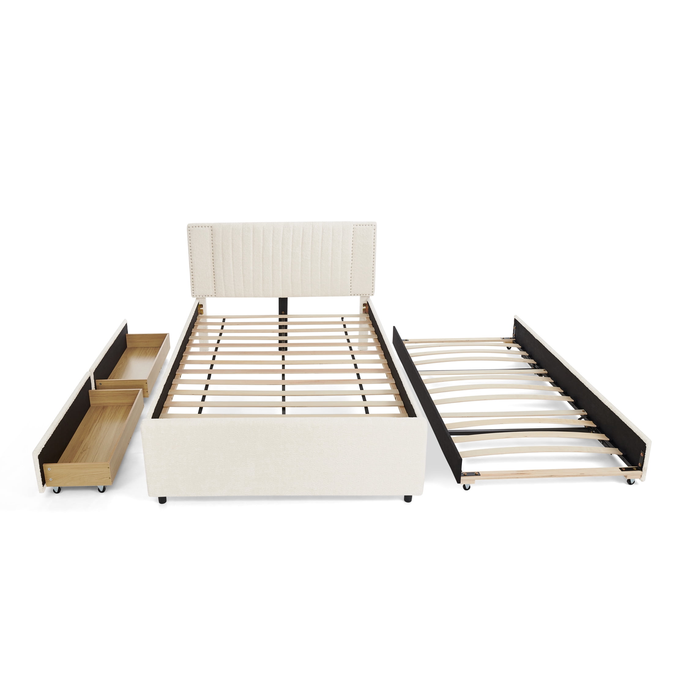 Noble House Luxen Full Chenille Upholstered Bed, Vertical Tufted Daybed with Pull-out Trundle and Storage Drawers, Beige