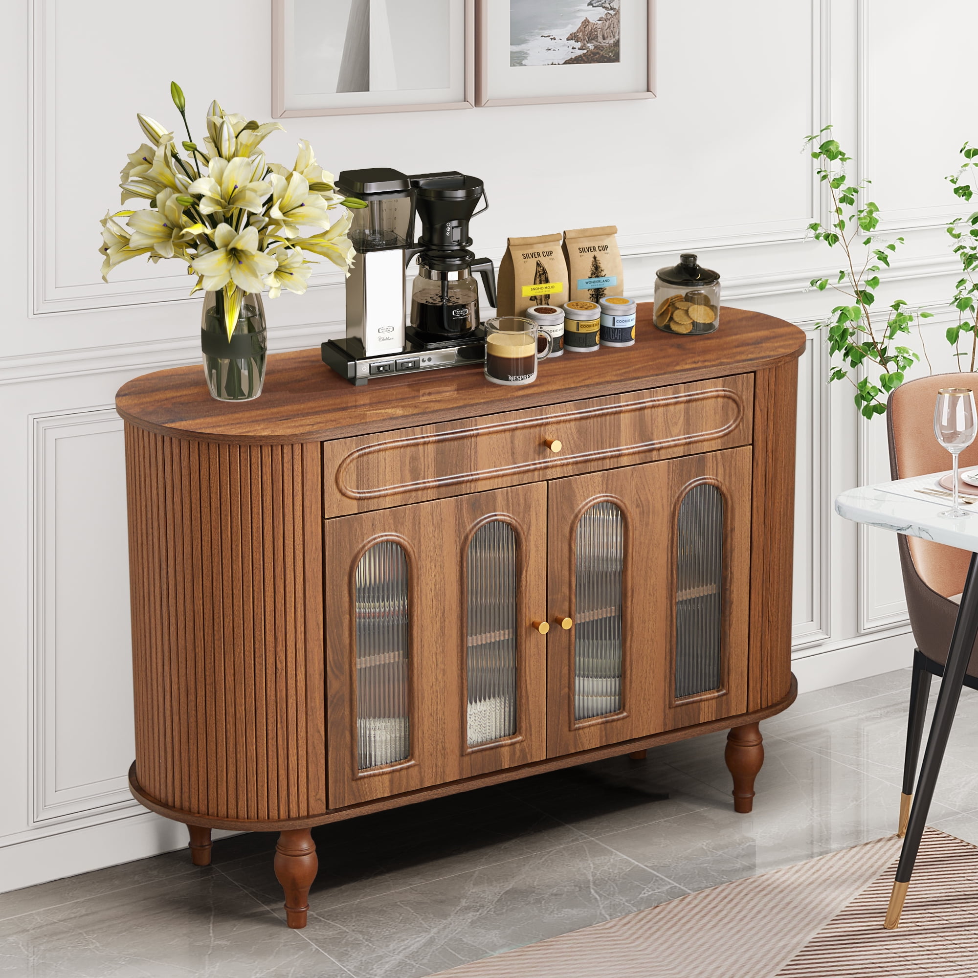 Wirrytor 47'' Wooden Oval Sideboard Buffet Cabinet with 2 Hollow Doors 2 Open Shelves, Console Dining Cabinet with Doors, Kitchen Cabinets Brown for Dining Room Living Room Hallway,Walnut