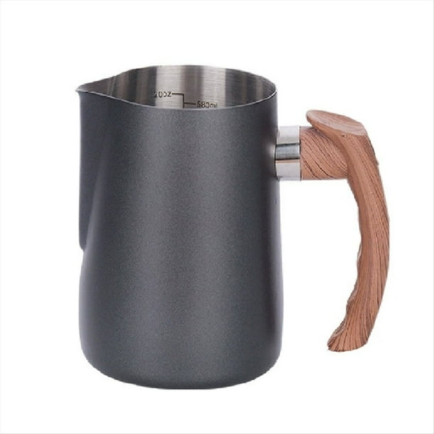 Jarra para Espumar Leche para Espresso de 600 Ml, con de Madera, Jarra para Leche, para Espresso, Jarra para Capuchino, para Crema, Color Negro.