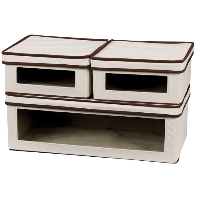 Household Essentials 510-3 Boîtes de Rangement Vision avec Couvercles / Ensemble de 3 Pcs / Toile Naturelle avec Garniture Brune