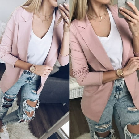 Women's Casual Suit Business OL Ladies Blazer Long Sleeve Jacket Outwear Coat Pink Size S