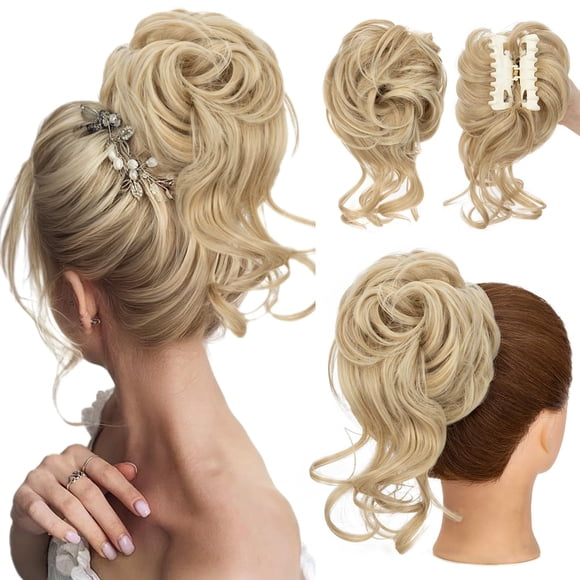 S-noilite Claw Clip Messy Bun Hair Pieces Tousled Updo Fake Hair Bun Chignon Wavy Curly Messy Bun with Clip Hair Extensions Scrunchie Clip on Bun Ponytail Hairpieces for Women(24T613#)