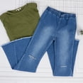 thumbnail image 4 of Women's Elastic Waist Flared Jeans Destroyed Raw Hem Bell Bottom Jeans Flare Denim Pants, Blue, Medium, 4 of 5