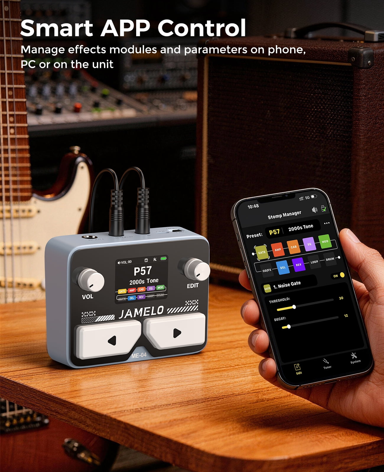 JAMELO Gray ME-04 MINI Pocket Multi-Effects Guitar Pedal with 10 Effects Modules 100 Drum Rhythms and 40-second Stereo Looper 99 Presets 40 Amp/Cab Processor OTG USB Audio Interfac