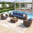 thumbnail image 5 of Harper & Bright Designs Wicker Outdoor Patio Furniture Set for 7 with Acacia Storage Table, Patio Rattan Conversation Set with 2 Swivel Rocking Chairs Set and 3 Seater Sofa & Loveseat, Blue+Brown, 5 of 18