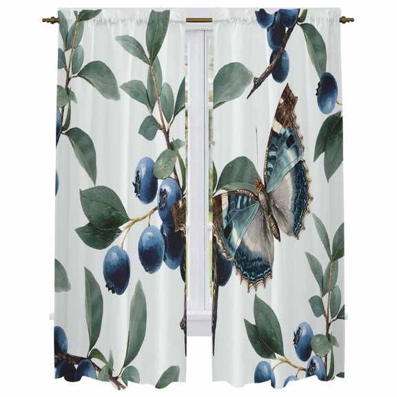 Blueberry Spring Leaves Kitchen Curtain for Berdoom Living Room Cafe 72 Inch Length, Farmhouse Botanical Branches Tiers Curtains Light Filtering Drapes Rod Pocket Window Treatment 2 Panels 52"Wx72"L