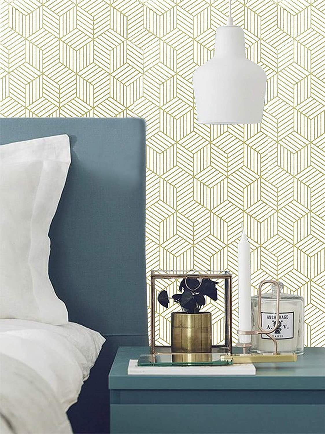 Decorative Geometric Stripes Wallpaper, Self-adhesive Removable Peel and Stick Gold White Film, Water Resistant, Easy Clean and Wide Applications for Various Surfaces