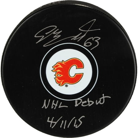 Autographed Calgary Flames Hockey Puck (Sam Bennett Calgary Flames Autographed Hockey Puck with NHL Debut 4/11/15 Inscription - Fanatics Authentic)