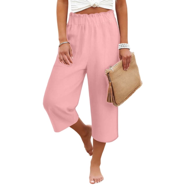 TaTaai Women's Casual Elastic Waist Solid Loose Straight Trousers With Side Pockets Ruffle Detail Lightweight Comfy Linen Fabric Capri Pants For Summer Daily Holiday Outdoor Wear Gift