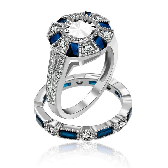 Uloveido Pretty White Gold Plated Big Round CZ Simulated Diamond Stackable Wedding Engagement Band Rings Set for Women Black Gifts (Size 9) RJ497