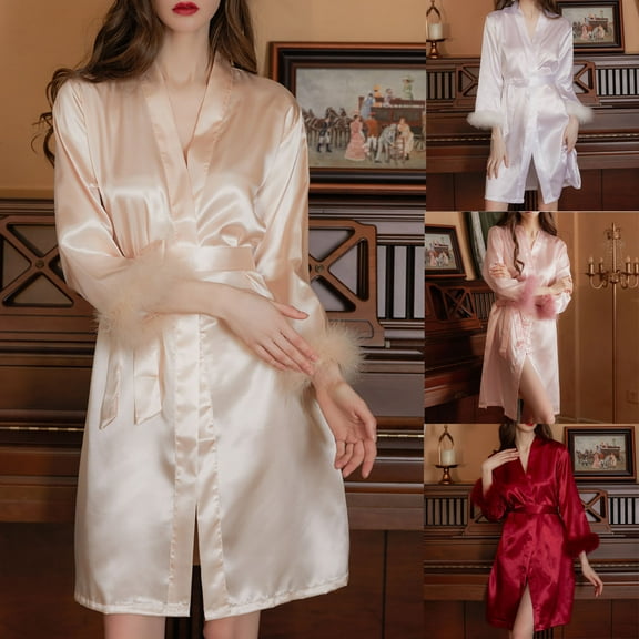 Pretxorve Women Robes Solid Satin 9 Quarter Sleeve Style with Plume Ornament for Casual Wedding Morning Wear Nightgown Sleepwear for Womens