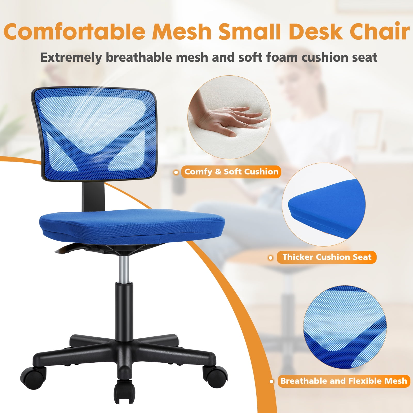 CONCETTA Ergonomic Home Office Mesh Desk Chair, Small Space, Armless Rolling Chair for Adults, Blue