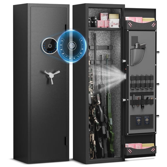 Silkight 5-10 Gun Safe, Biometric Long Gun Safes with Fingerprint, Digital Gun Safe with Backlit Keypad & LED Light, Gun Cabinet with Adjustable Gun Support, Removable Shelf & Metal Storage Box