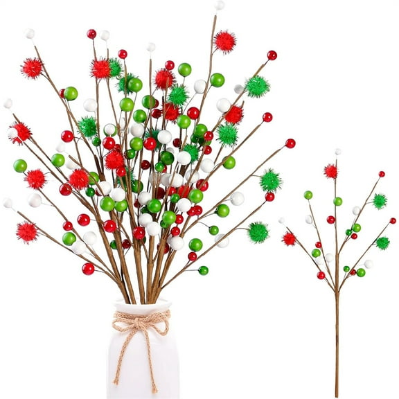 Triani 6Pcs Christmas Tree Picks Red Green White Berry Picks 15.7 Inch Berry Stems Xmas Ornaments Floral Pick with Beads Balls for Floral Arrangements Christmas Tree