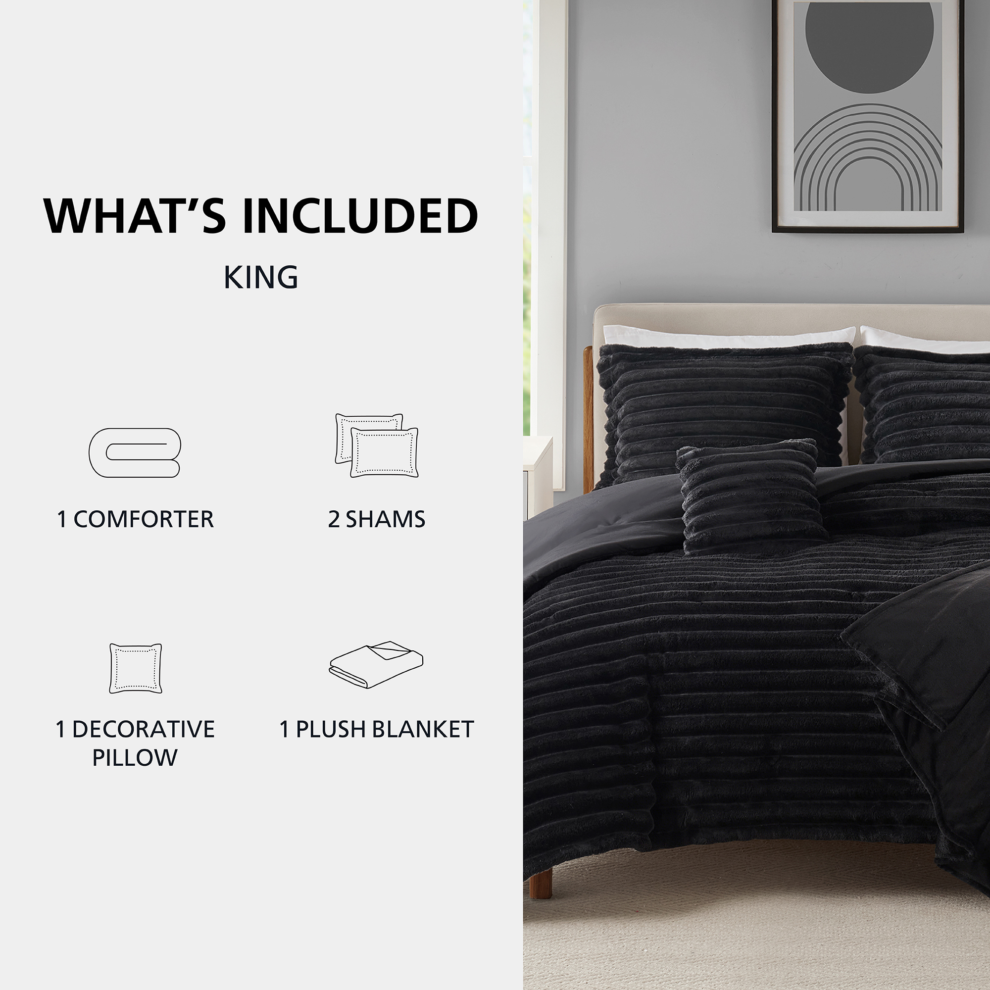Mainstays King Comforter Set, 5-Piece, Black Plush photo 2