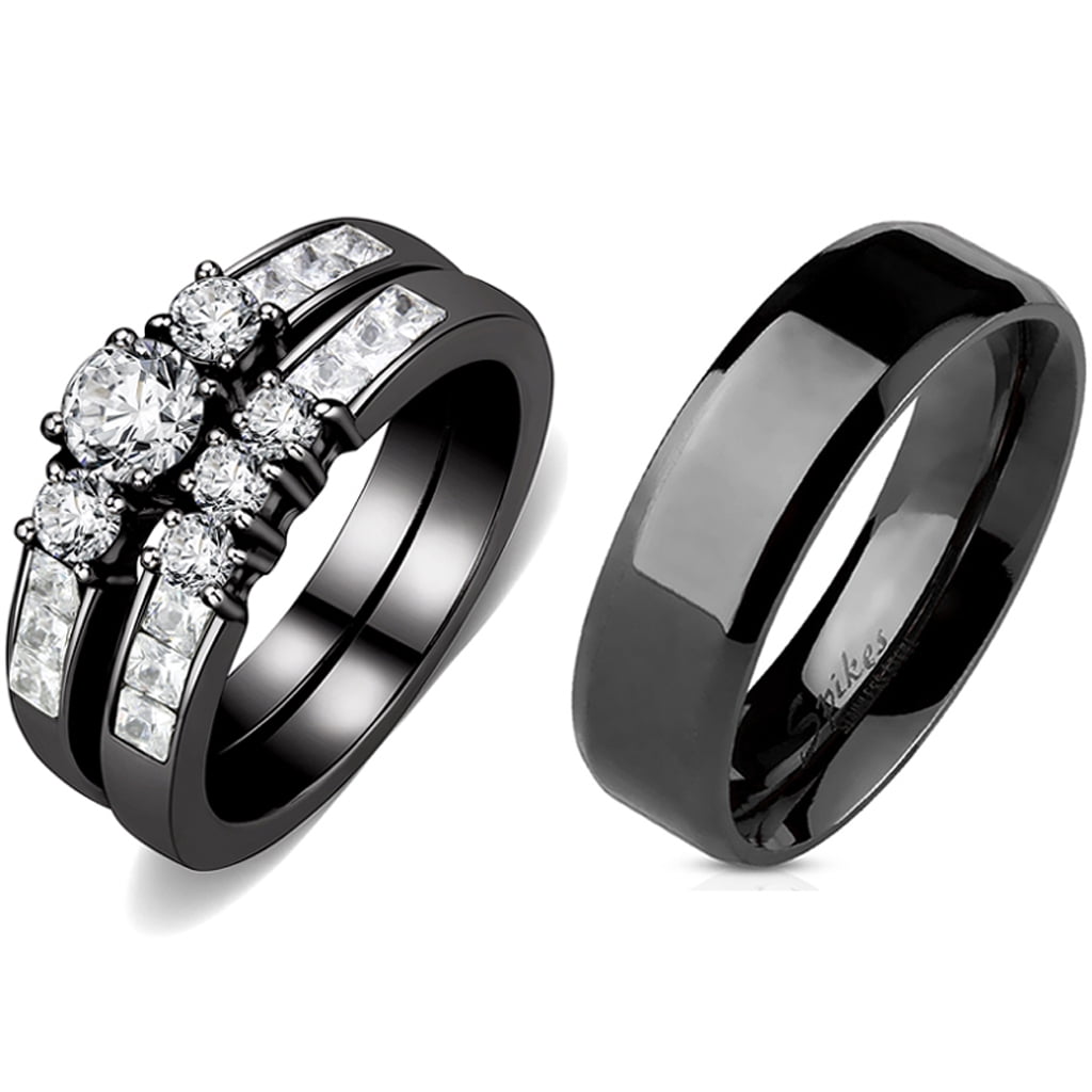 La Ny Jewelry Couple Ring Set Womens Black Stainless