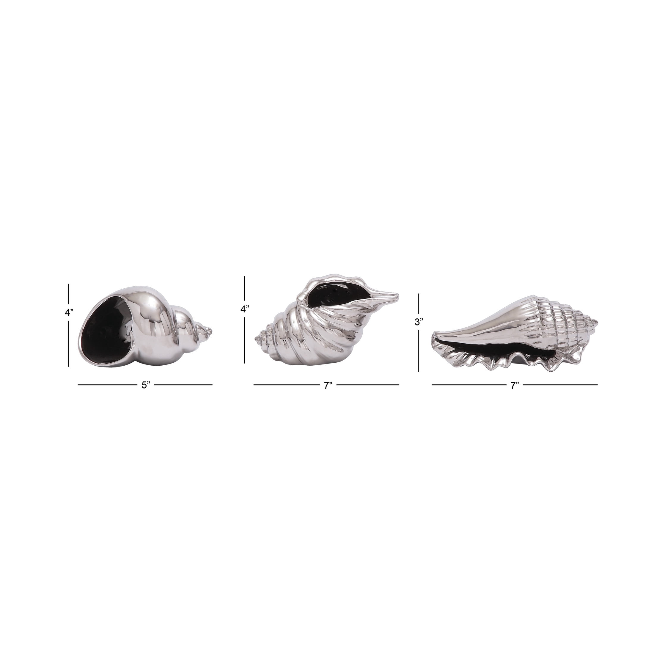 7", 7", 5"W Silver Ceramic Shell Shell Sculpture, by DecMode (3 Count)